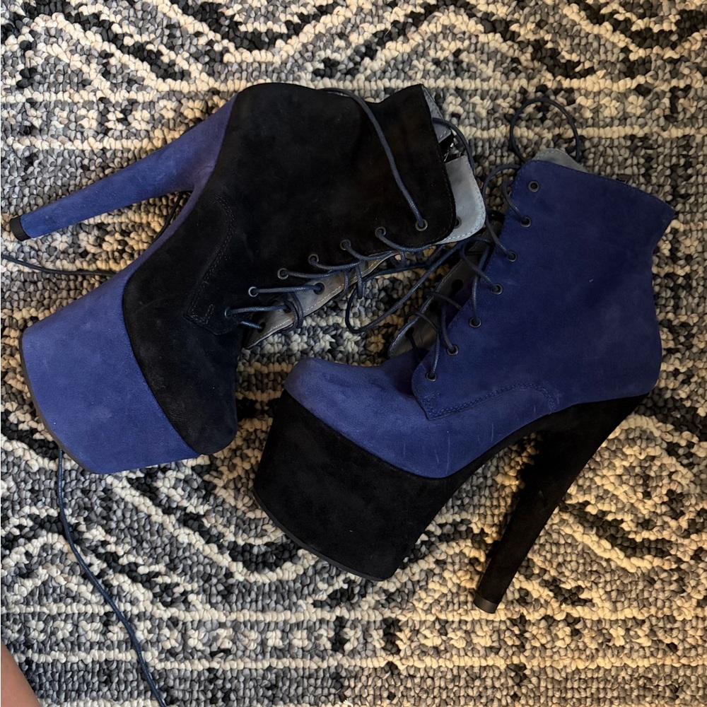 Suede Black Blue Platform Boots heelsnthrilles pole dance booties sexy size 7